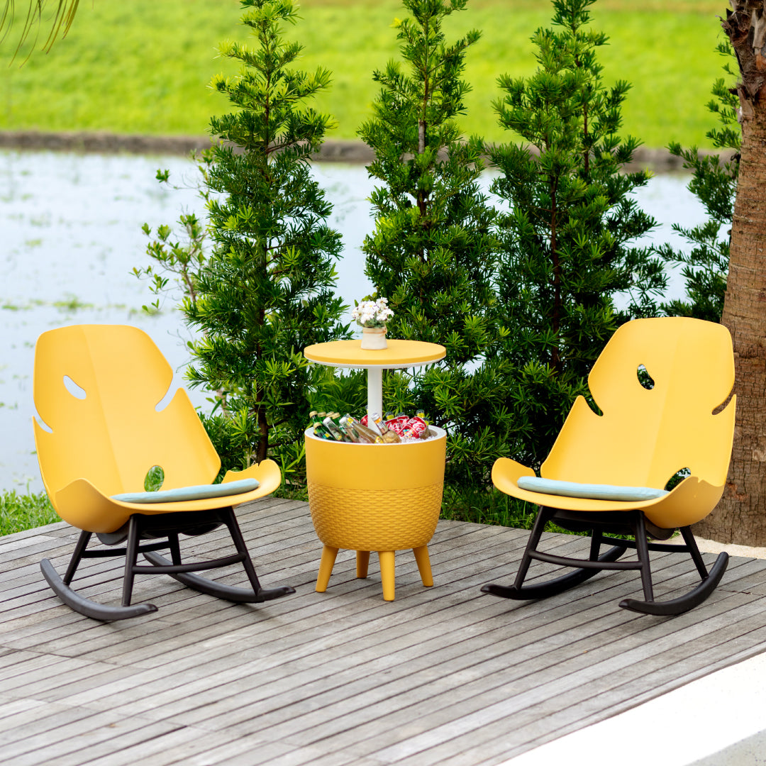 Lagoon Monstera 3-Piece Outdoor Lounge Set – 2 Rocking Chairs with Cancun Cooler Table