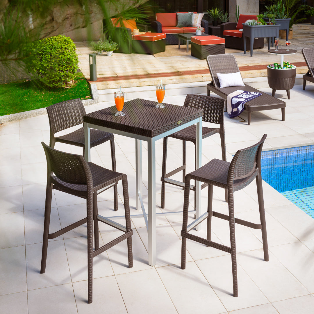 Lagoon Russ Rattan 5-Piece Outdoor Bar Set – Bar-Height Table with 4 Stackable Rue Bar Stools