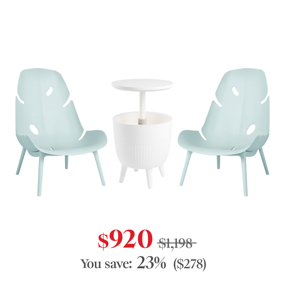 Lagoon Monstera 3-Piece Outdoor Lounge Set – 2 Lounge Chairs with Cancun Cooler Table