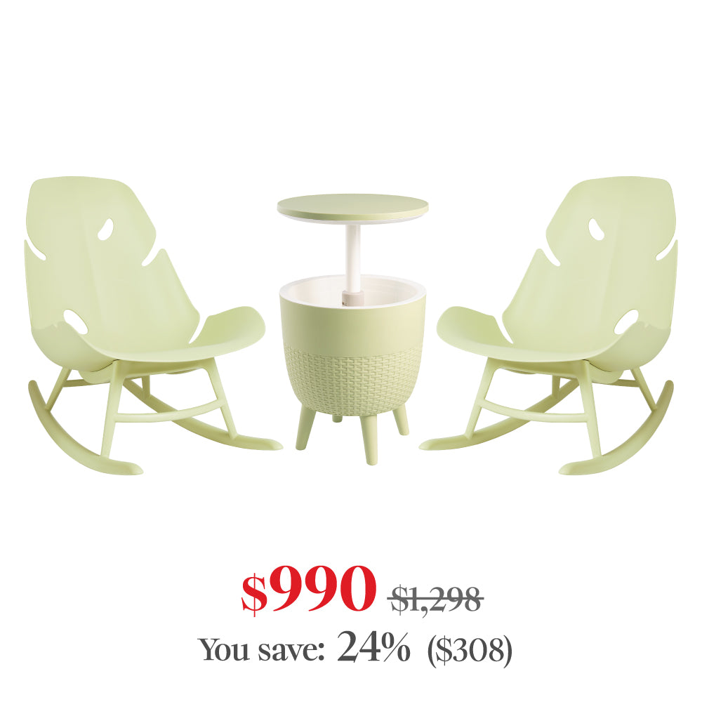Lagoon Monstera 3-Piece Outdoor Lounge Set – 2 Rocking Chairs with Cancun Cooler Table