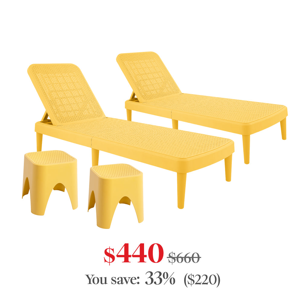 Lagoon Tahiti 4-Piece Outdoor Chaise Lounge Set – 2 Rattan Reclining Loungers with Mallorca Side Tables