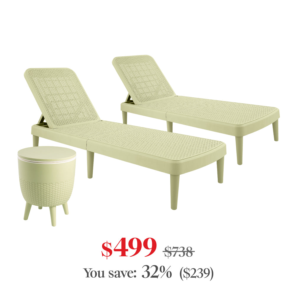 Lagoon Tahiti 3-Piece Outdoor Chaise Lounge Set – 2 Rattan Reclining Loungers with Cancun Cooler Table