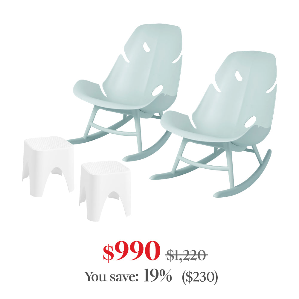 Lagoon Monstera 4-Piece Outdoor Rocking Chair Set – 2 Rockers with Mallorca Rattan Side Tables