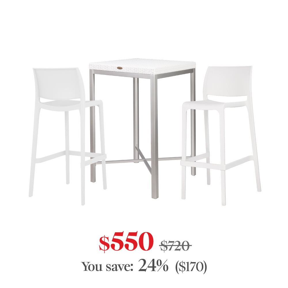 Lagoon Russ Rattan 3-Piece Outdoor Bar Set – Bar-Height Table with 2 Sensilla Bar Stools