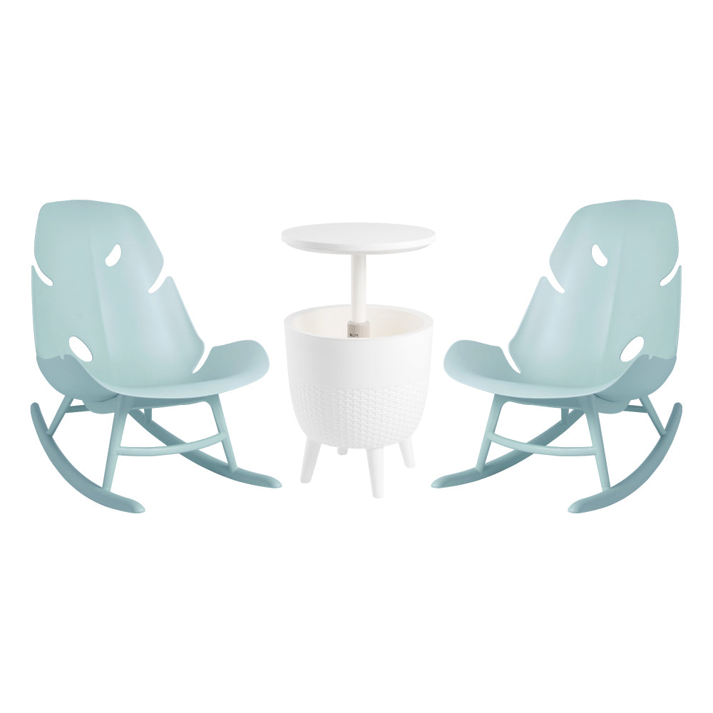 Lagoon Monstera 3-Piece Outdoor Lounge Set – 2 Rocking Chairs with Cancun Cooler Table