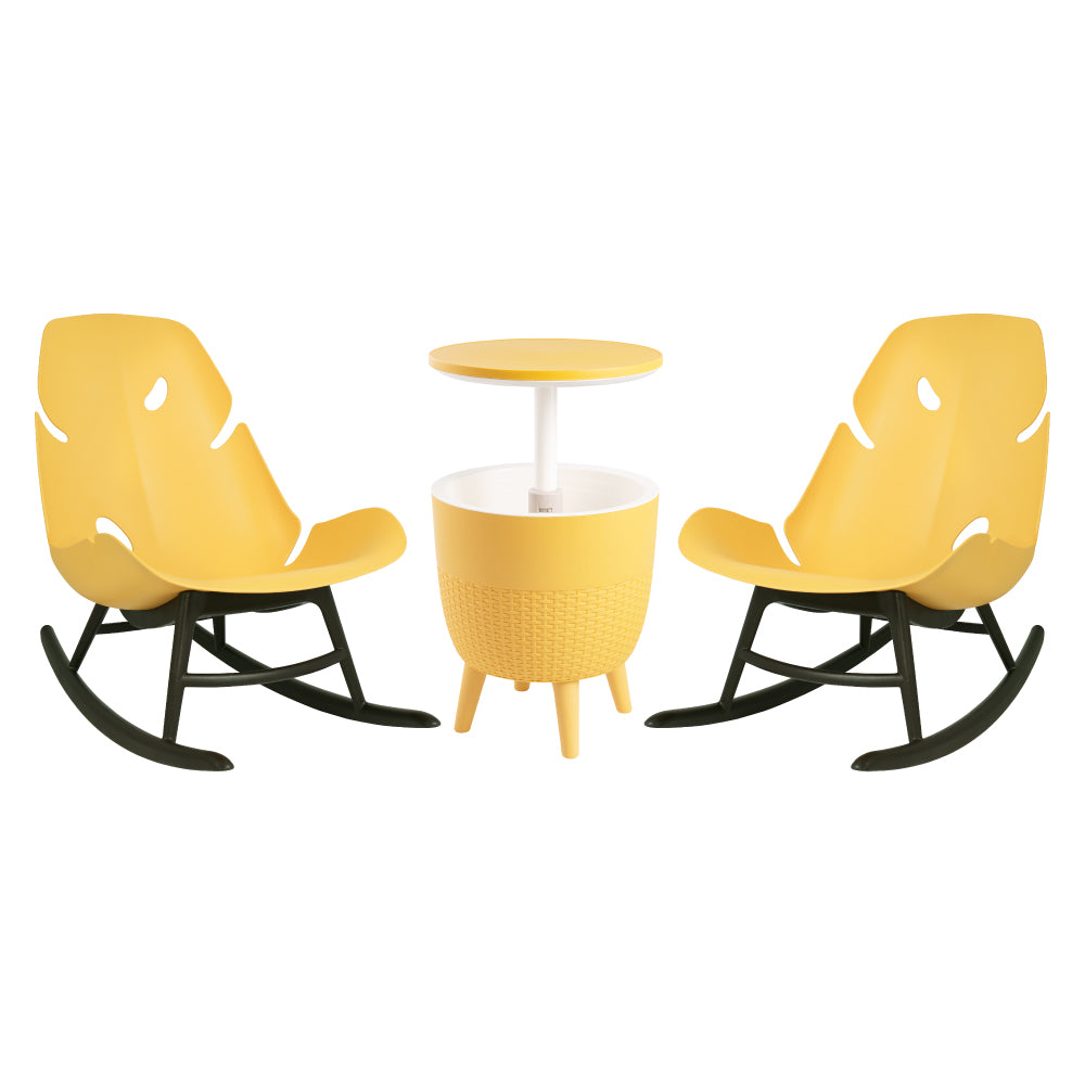 Lagoon Monstera 3-Piece Outdoor Lounge Set – 2 Rocking Chairs with Cancun Cooler Table