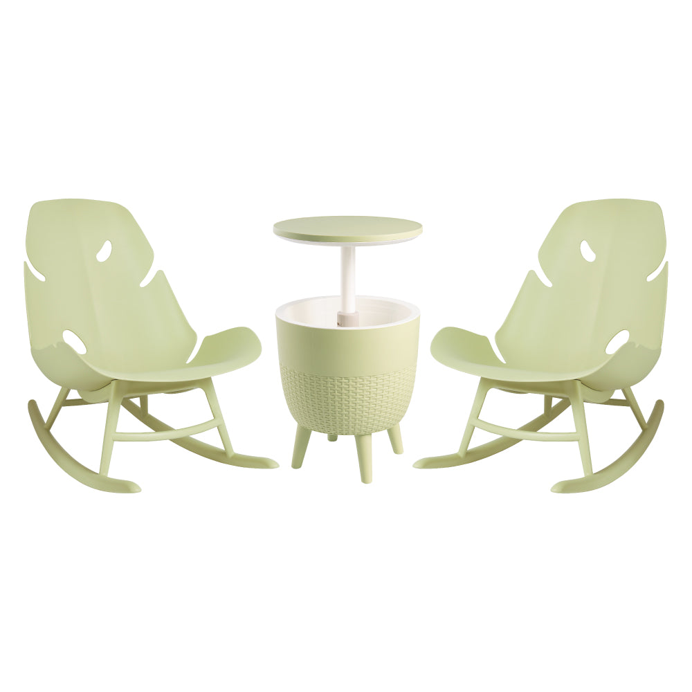 Lagoon Monstera 3-Piece Outdoor Lounge Set – 2 Rocking Chairs with Cancun Cooler Table