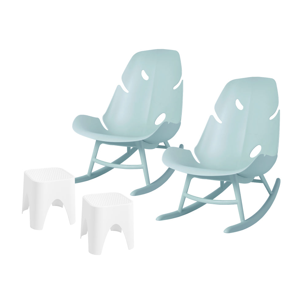 Lagoon Monstera 4-Piece Outdoor Rocking Chair Set – 2 Rockers with Mallorca Rattan Side Tables
