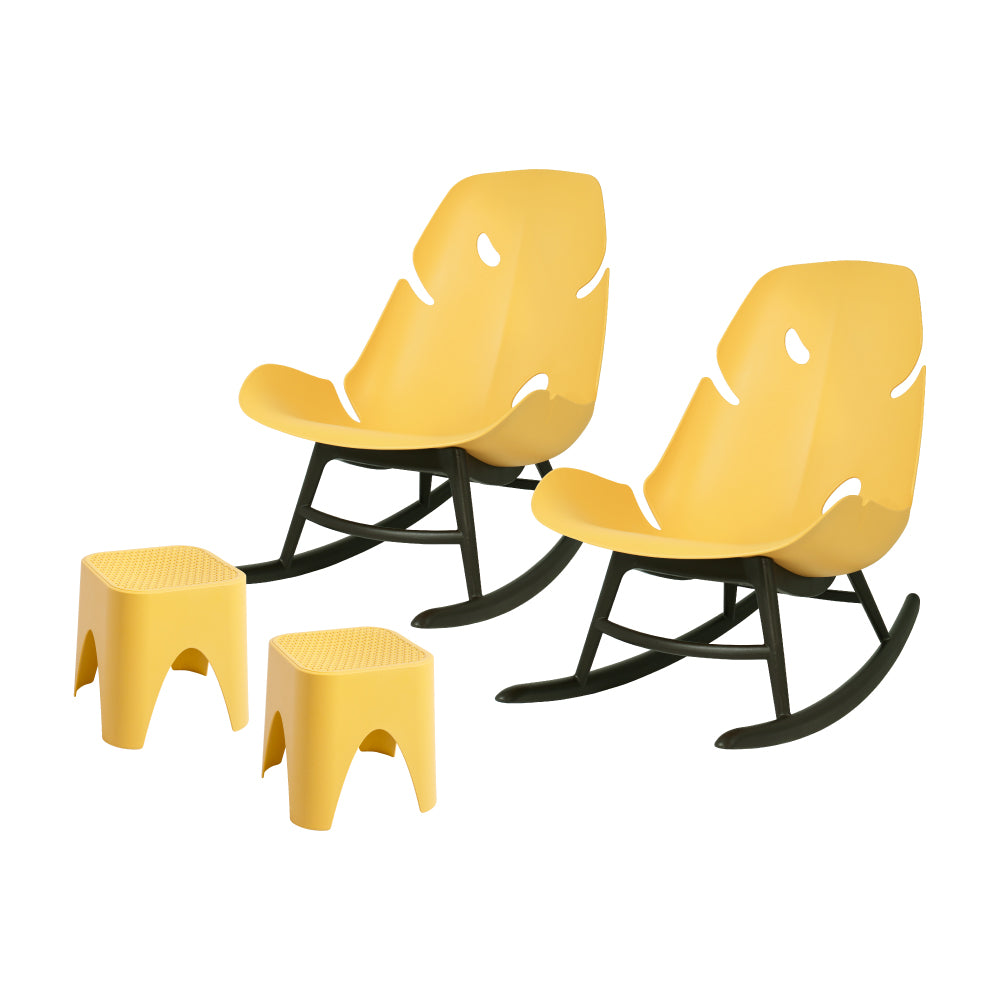 Lagoon Monstera 4-Piece Outdoor Rocking Chair Set – 2 Rockers with Mallorca Rattan Side Tables
