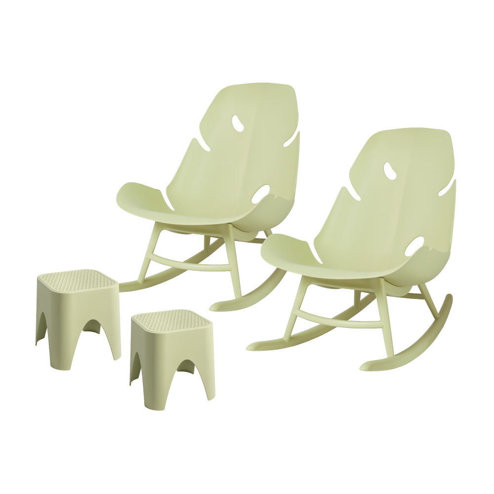 Lagoon Monstera 4-Piece Outdoor Rocking Chair Set – 2 Rockers with Mallorca Rattan Side Tables