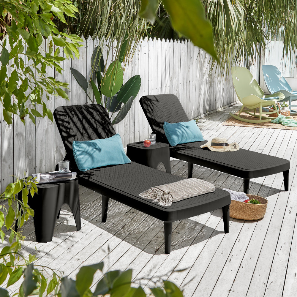 Lagoon Tahiti 4-Piece Outdoor Chaise Lounge Set – 2 Rattan Reclining Loungers with Mallorca Side Tables