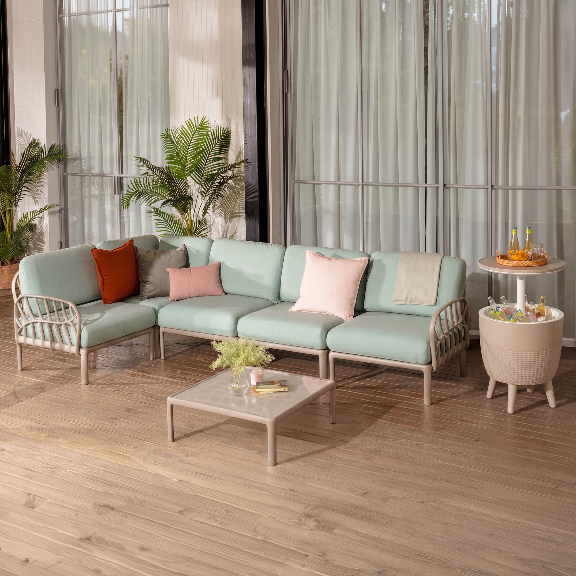 Lagoon Laurel 6-Piece Modular Outdoor Sectional Sofa Set – Grey Resin with Blue Cushions + Cancun Cooler (7 Pieces Total)